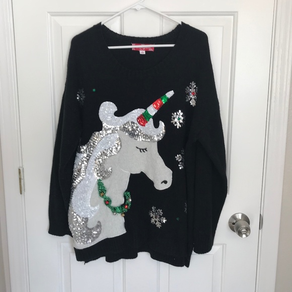 Christmas Unicorn Jingle Bells Tinsel Sequins Ugly Sweater Plus Size 1X Black - Picture 2 of 7